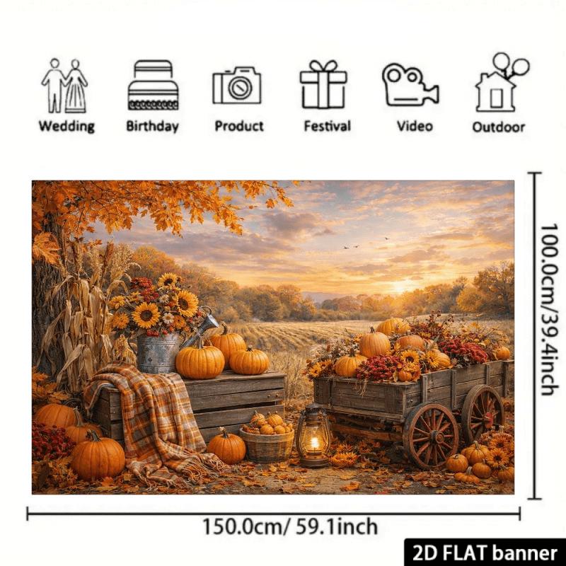 2D flat colorful autumn harvest background fabric, featuring orange pumpkins, hay stacks, and wooden carts