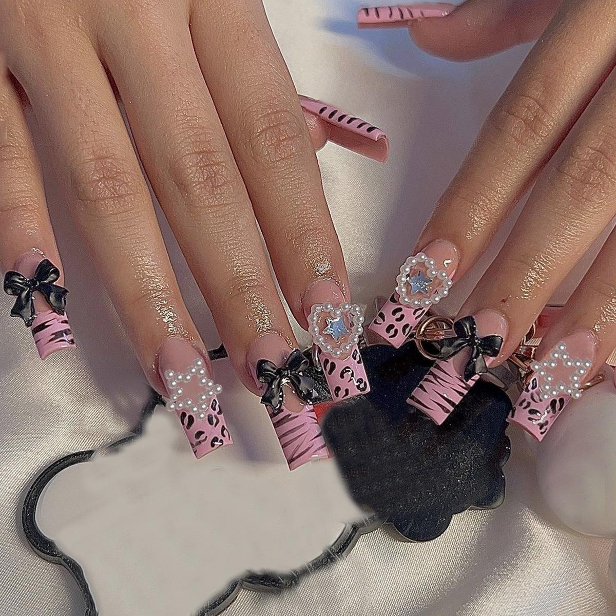 

Pink Zebra Print Bowknot Press-On False Nails