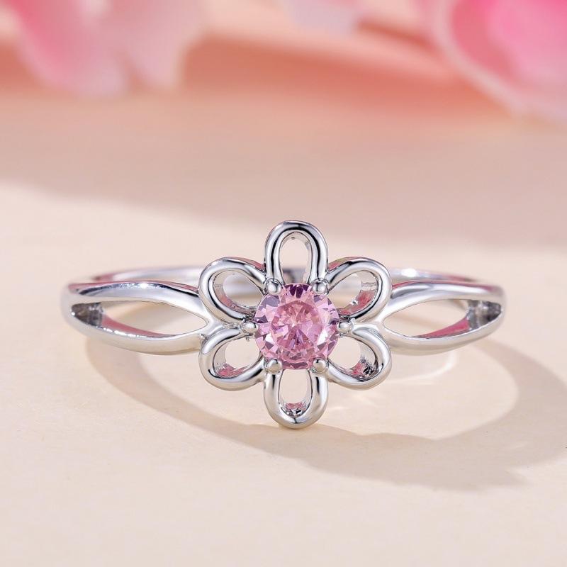 Eryun s new white K pink diamond flower hollow simple ring no. 5