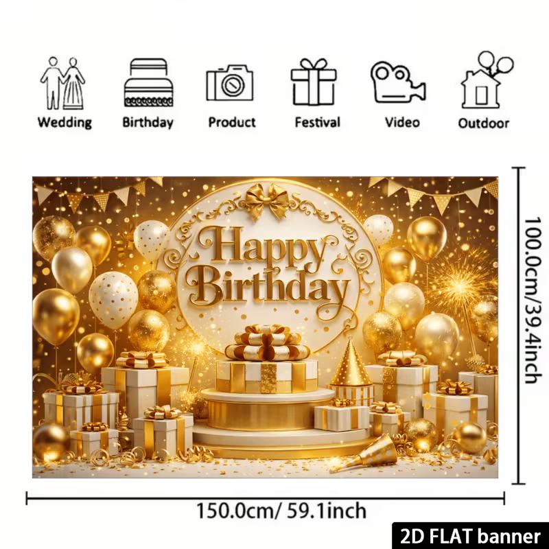 2D Gold & White Themed Birthday Photo Booth Backdrop with Bunting Flags