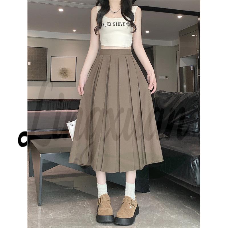 Chic Summer Pleated A-Line Skirt - Plus Size, Age-Reducing, Solid Color, Mid-Length