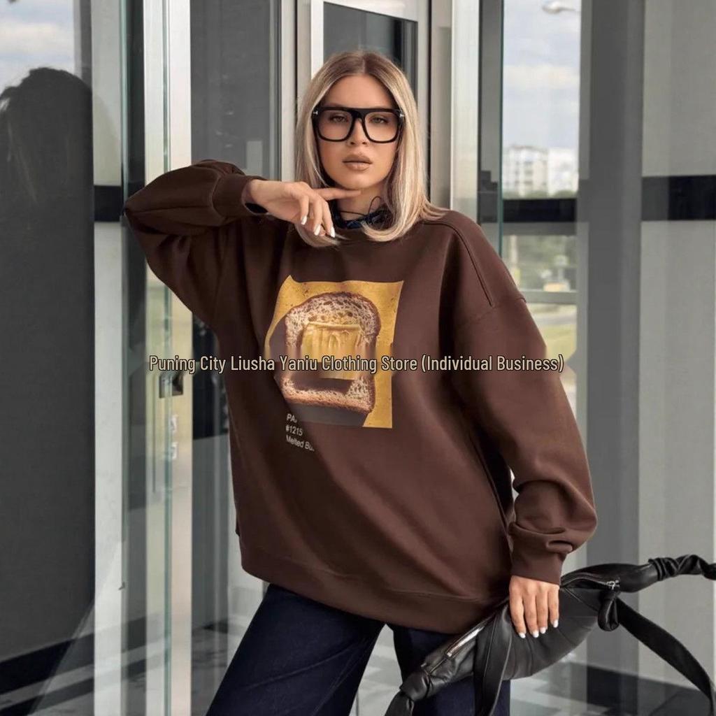 Cozy American-Style Bread Print Thickened Round Neck Pullover Hoodie for Women