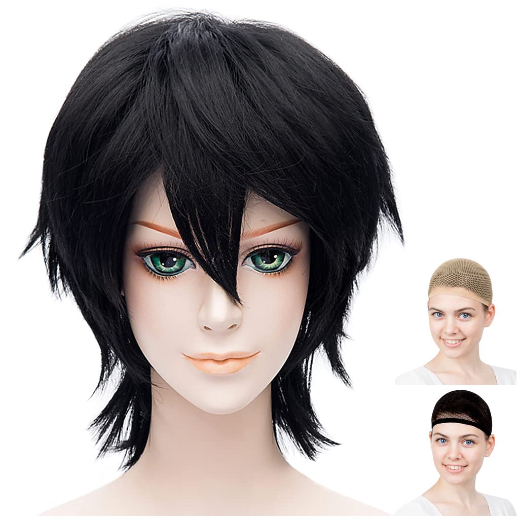 

CaseEden Cosplay Wig, Short, 30cm, Heat-Resistant, Black, Includes White Merch and Wig Net (Set of 2)