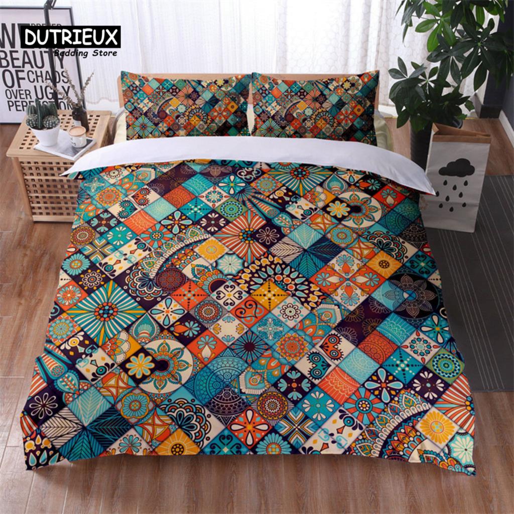 Bohemian Geometric Pattern Bedding Set Dragonfly Chic Mandala Floral Duvet Cover With Pillowcases For Kids Adults Bedroom Decor