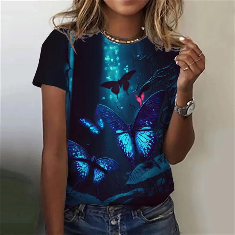 Summer Round Neck Butterfly Pattern 3D Print Top Fashionable Casual Short Sleeved Women's T-shirts