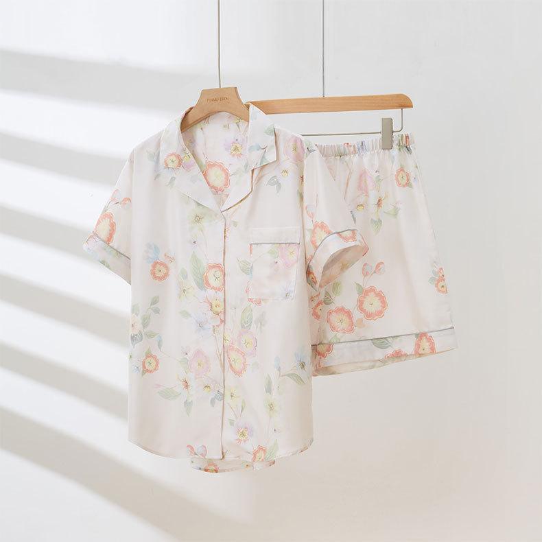 Summer Lyocell Tencel lapel short-sleeved pajama set women's flower print loungewear can be worn outside
