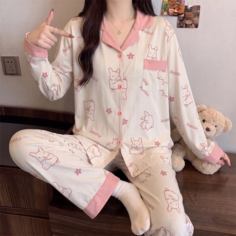Soft cute rabbit pajamas women's spring and autumn imitation cotton high-value loungewear long-sleeved two-piece set can be worn outside