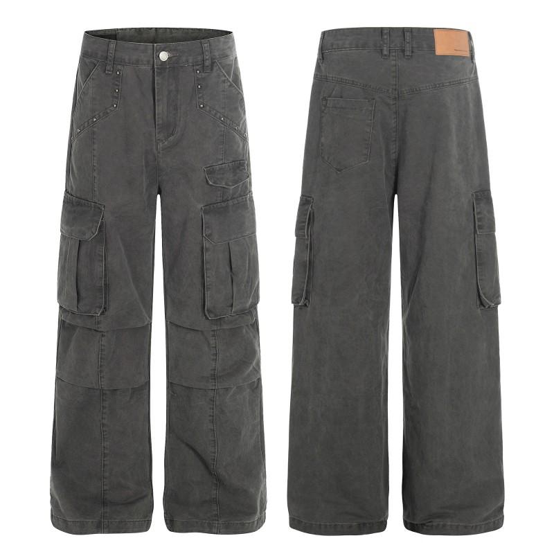 Mens High Street Hip Hop Cargo Pants Loose Straight Leg Multi-Pocket Rivet Denim Jeans Casual Streetwear
