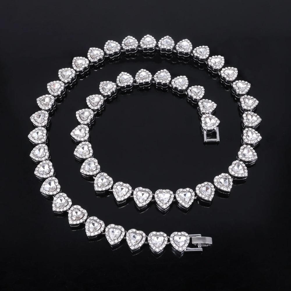 1PC New Hip Hop Tennis Chain Bracelet Necklace Shiny Heart Fashion Rock Party Jewelry Set