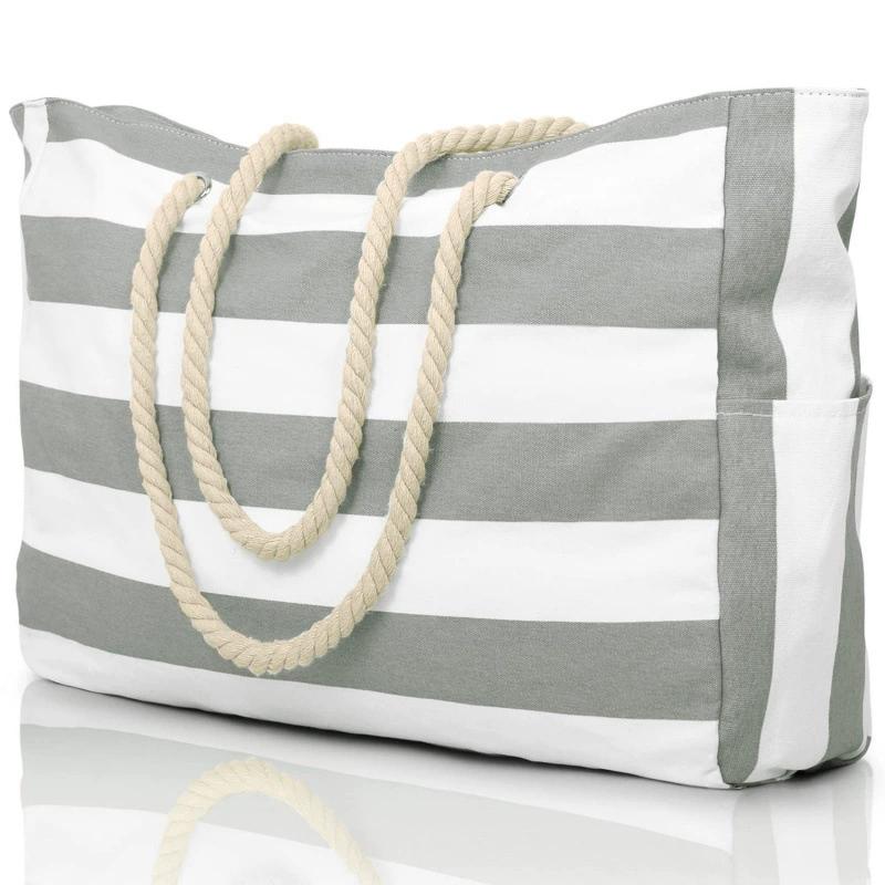 Striped Zipper Outer Bag for Outdoor Travel and Vacati, Waterproof and Sand Resistant Canvas, Cvenient Folding Beach Bag