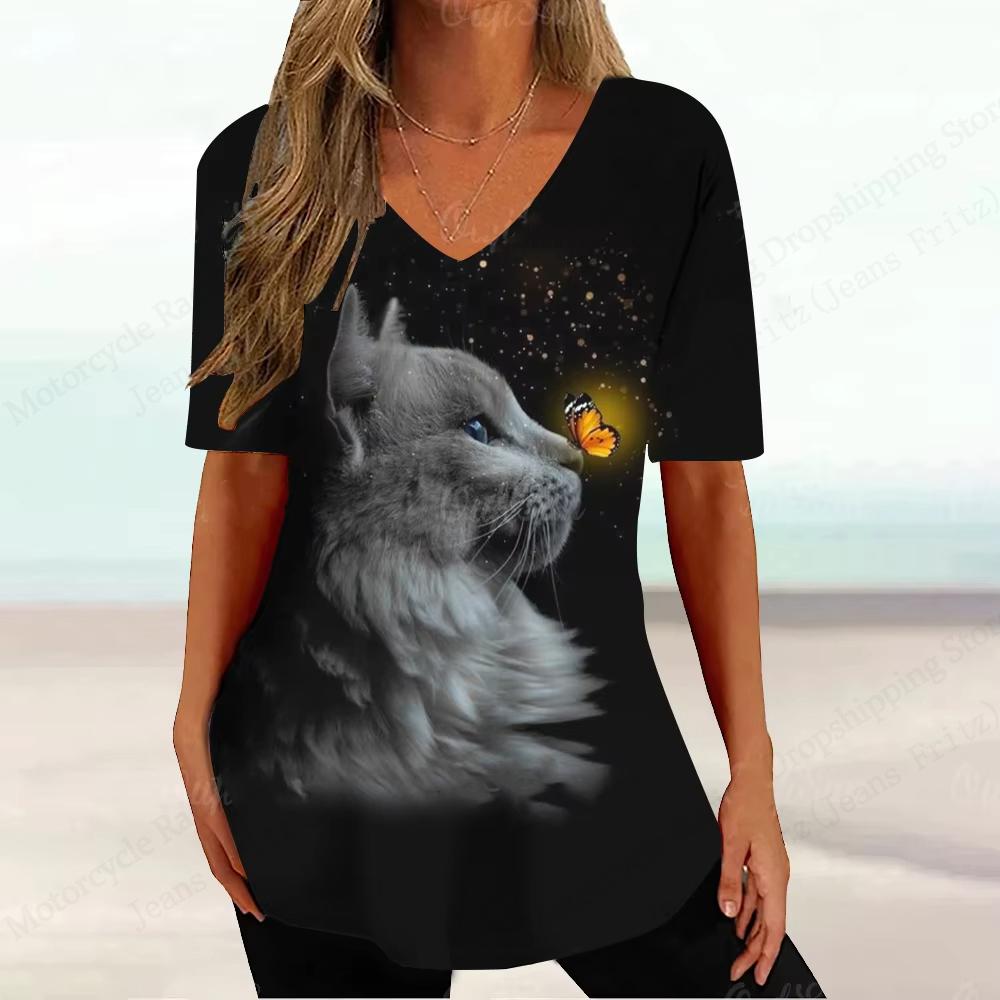 

Новая женская футболка с цветочным узором и 3D-принтом, модная футболка с V-образным вырезом и коротким рукавом, летние повседневные топы, футболки, одежда с бабочками 8XL