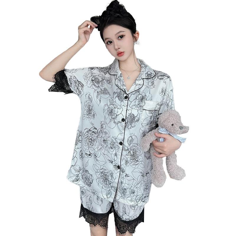 Retro Elegant Wind Ink Painting Flower Pajamas Ice Silk Fashion Summer Women'S Loungewear Can Be Worn Outside