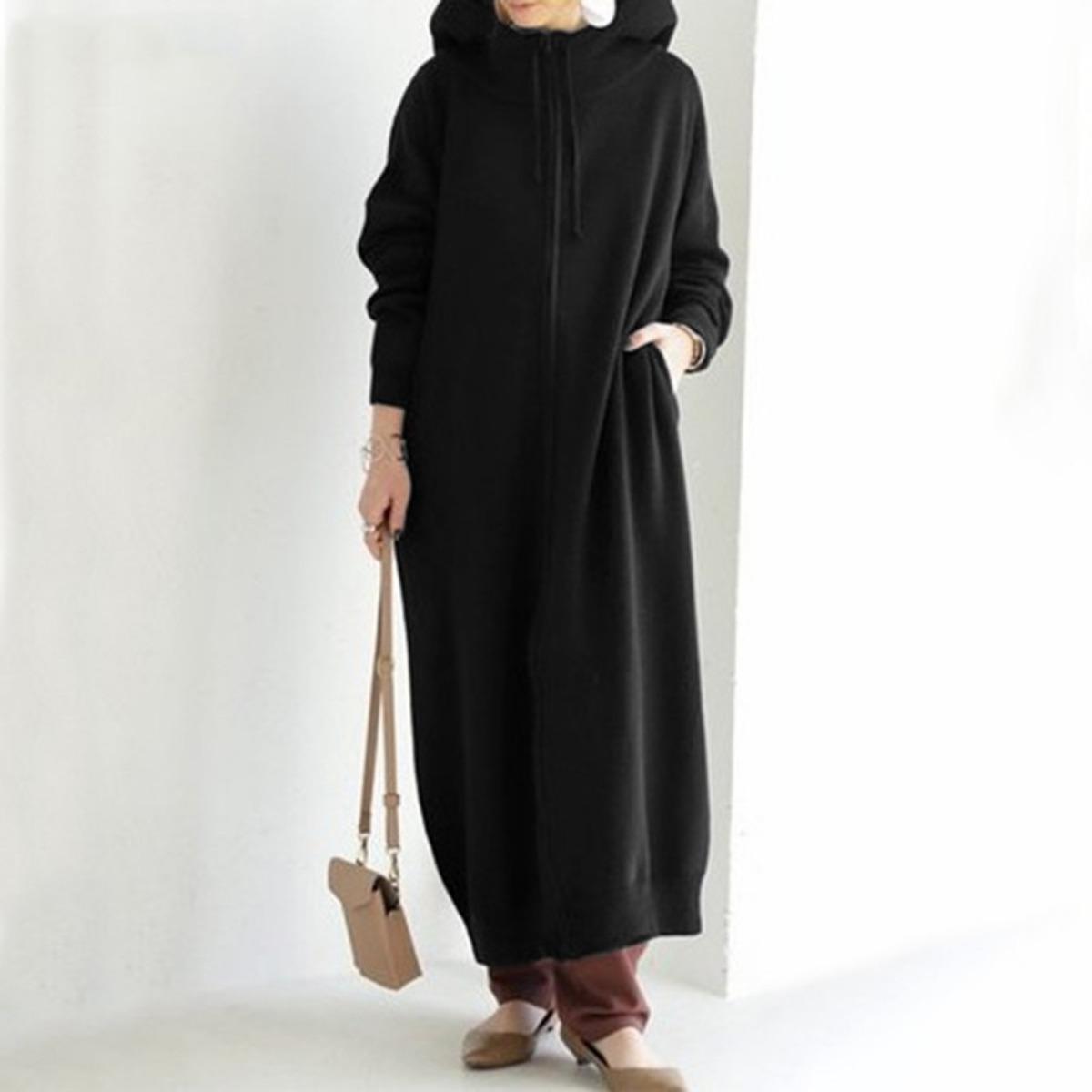 

Women s Plus Size Solid Color Fleece Lined Hooded Zip Up Long Sweatshirt Dress Casual Long Sleeve Sport Jacket S чёрный