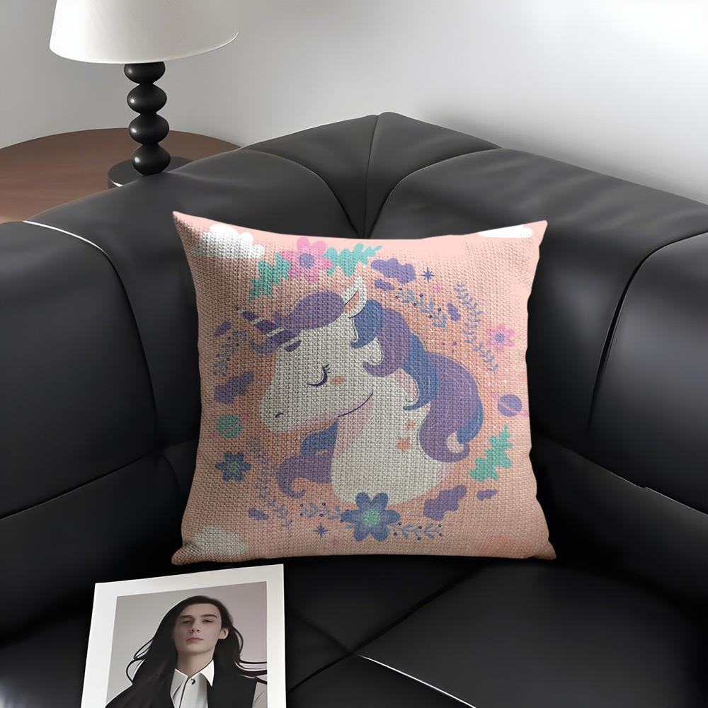 Unicorn Cute Cushion Cover Natural Linen Organic Fabric DoubleSided Printing Sofa Home Decor Gift Pillow Case