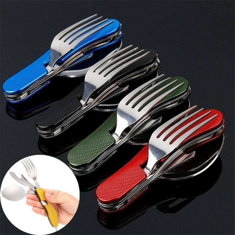 

Многофункциональная уличная посуда 4 в 1 (Вилка/ложка/нож/открывалка для бутылок) Складные карманные комплекты из нержавеющей стали для кемпинга для походов и выживания