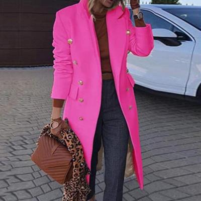 Women Autumn Winter Length Woolen Coat Double Breasted Pockets Solid Color Outwear Streetwear
