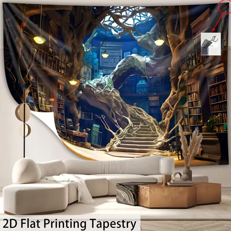 2D Dark Academia Tapestry Magical Tree Library In Enchanted Forest Wall Hanging