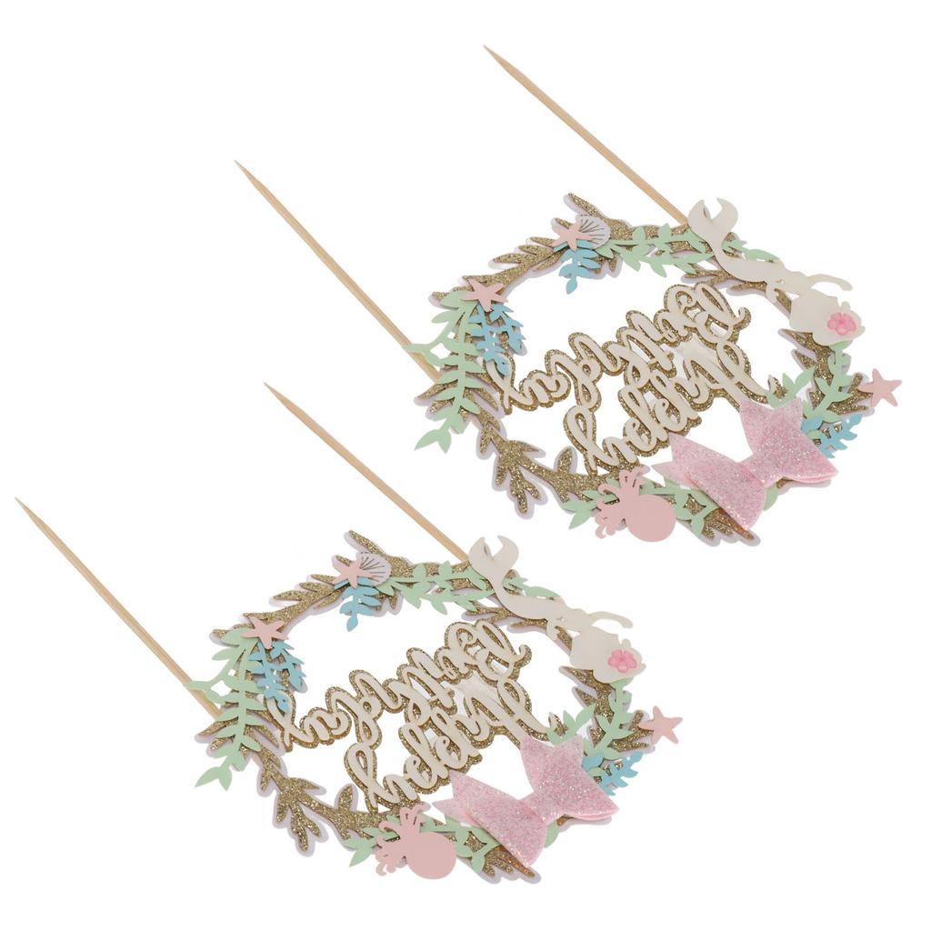 2Pcs Cake Toppers Pink Bow Sparkling Exquisite Safe Degradable Happy Birthday Cake Decoration