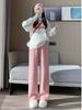 Women's High Waist White Chenille Wide-Leg Pants with Wheat Ear Pattern, Velvet Lined for Spring, Autumn, and Winter 2023.