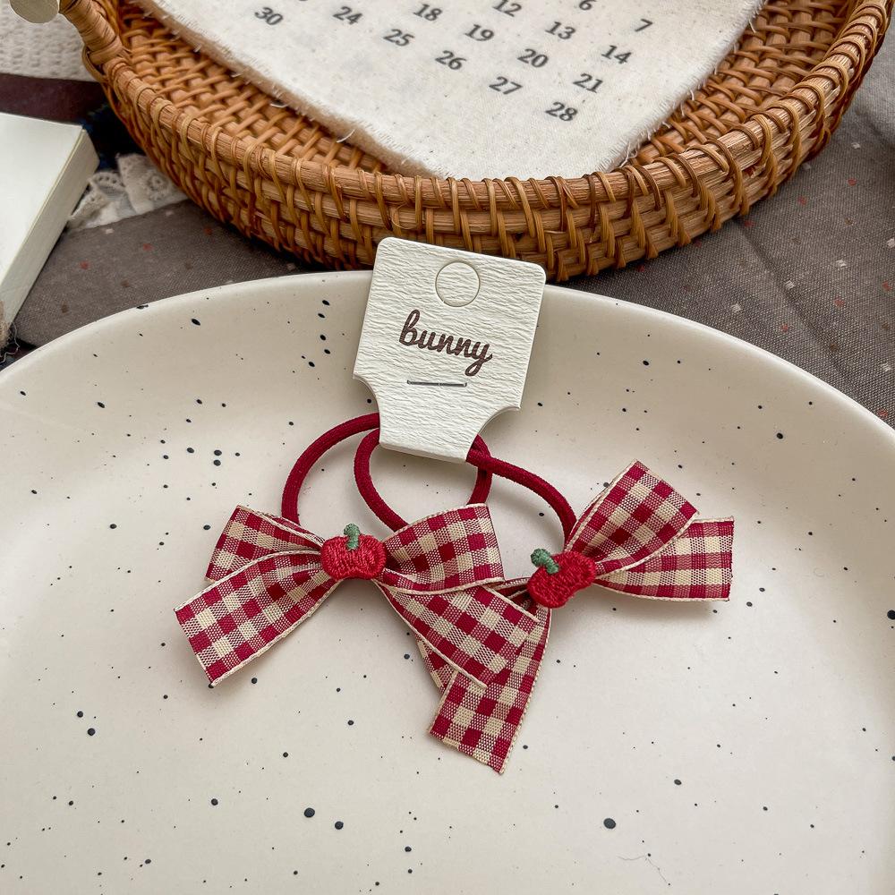2pcs Red Plaid Bow Cherry Apple Children's Hairpin Cute Girl Elastic Hair Band Hair Rope Tie BB Clip Sweet Baby Hair Accessories