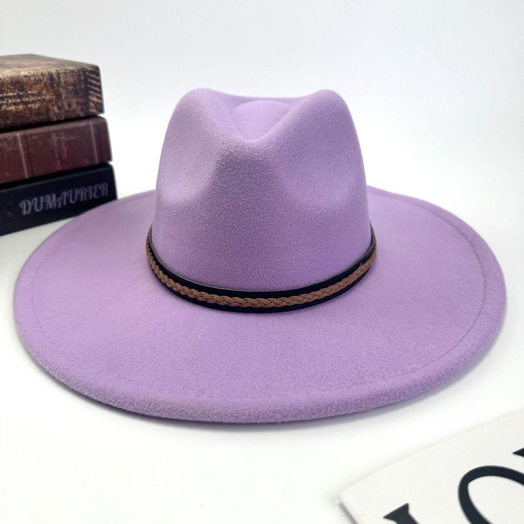 Hot autumn and winter new European and American style monochrome men's and women's belt hats simple woolen flat brim big edge jazz hats