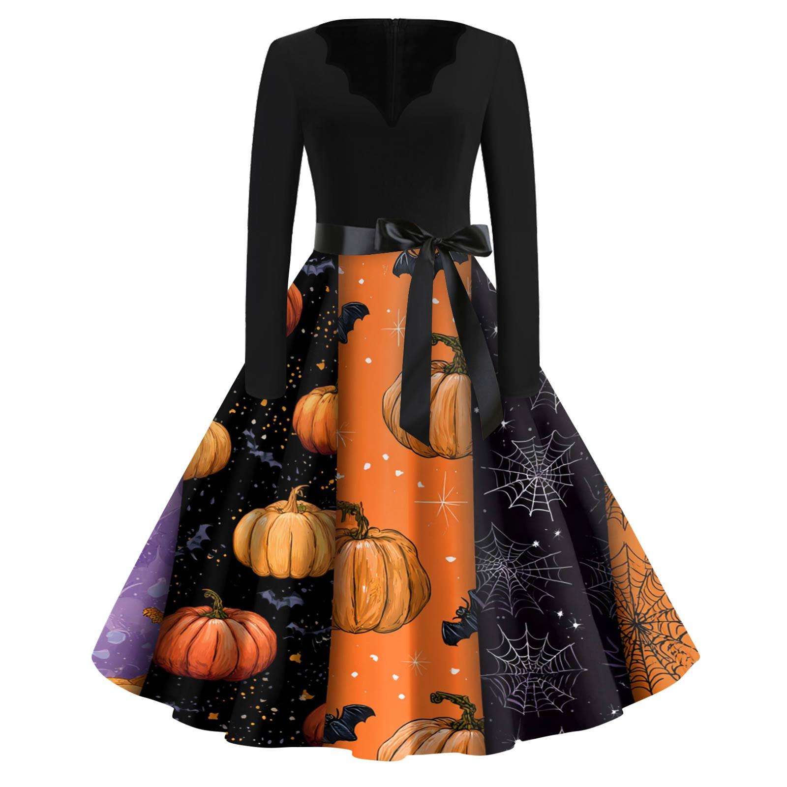 

Женская мода с v-образным вырезом, повседневные тонкие платья с длинными рукавами и принтом на Хэллоуин M