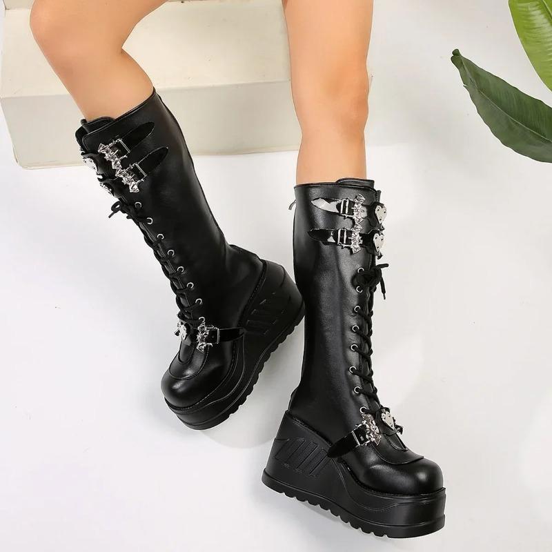 Women's Cool Retro Punk Boots Chunky Wedges Metal Design Lace Up PU Leather High Quality Outdoor Shoes 35-43