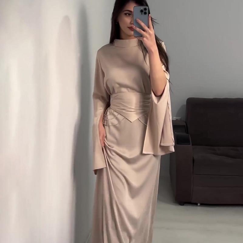 Elegantes langes Satinkleid für Damen, halbhoher Kragen, ausgestellte Ärmel, Partykleid, einfarbig, schmale Abendkleider für Damen