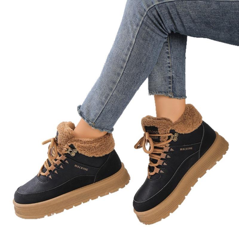 High-top Cotton Shoes, Fleece Women's Shoes, Round-toe Lace-up Sports and Casual Board Shoes