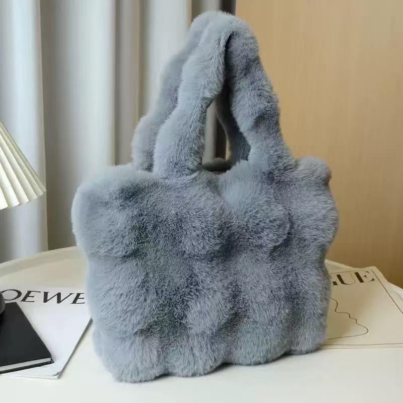 

Осень/Зима 2025 Пушистая сумочка: Универсальная сумка-тоут кроссбоди большой вместимости шифер серый