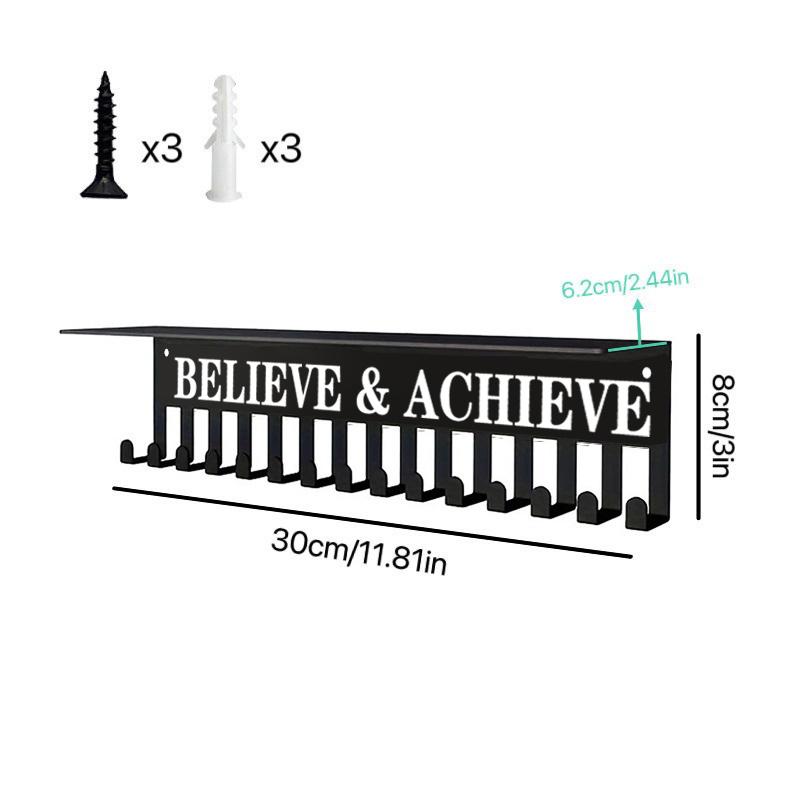 Metal Wall-Mounted Trophy & Medal Display Rack With "Believe Achieve" Motivational Sign Multi-Hook For Awards, Keys, Ribbons