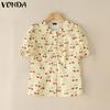 VONDA Women Summer Doll Collar Puff Sleeve Buttons Up Print Casual Blouse