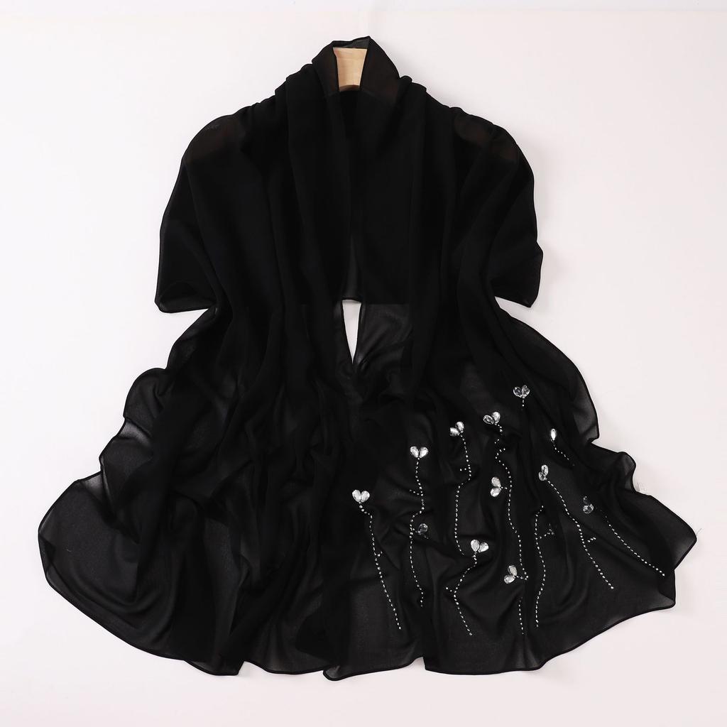 Pearl Chiffon Long Scarf With Rhinestone For African Women
