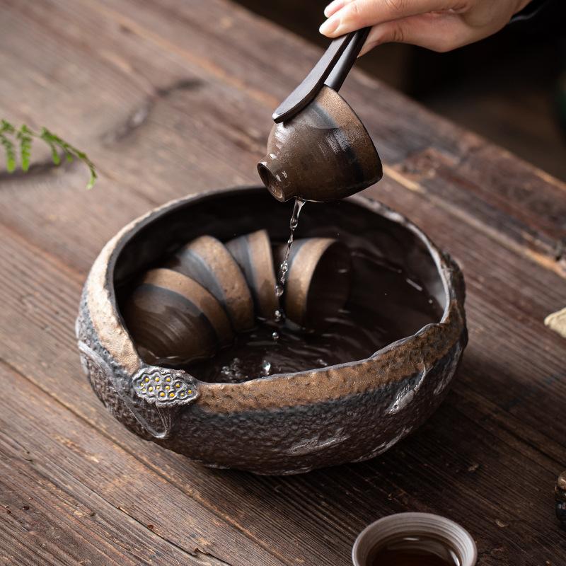 Japanese Gilding Iron Glaze Tea Wash Stoneware Cup Wash Writing-Brush Washer Tea Basin Tea Residue Barrel Tea Ceremony Utensils
