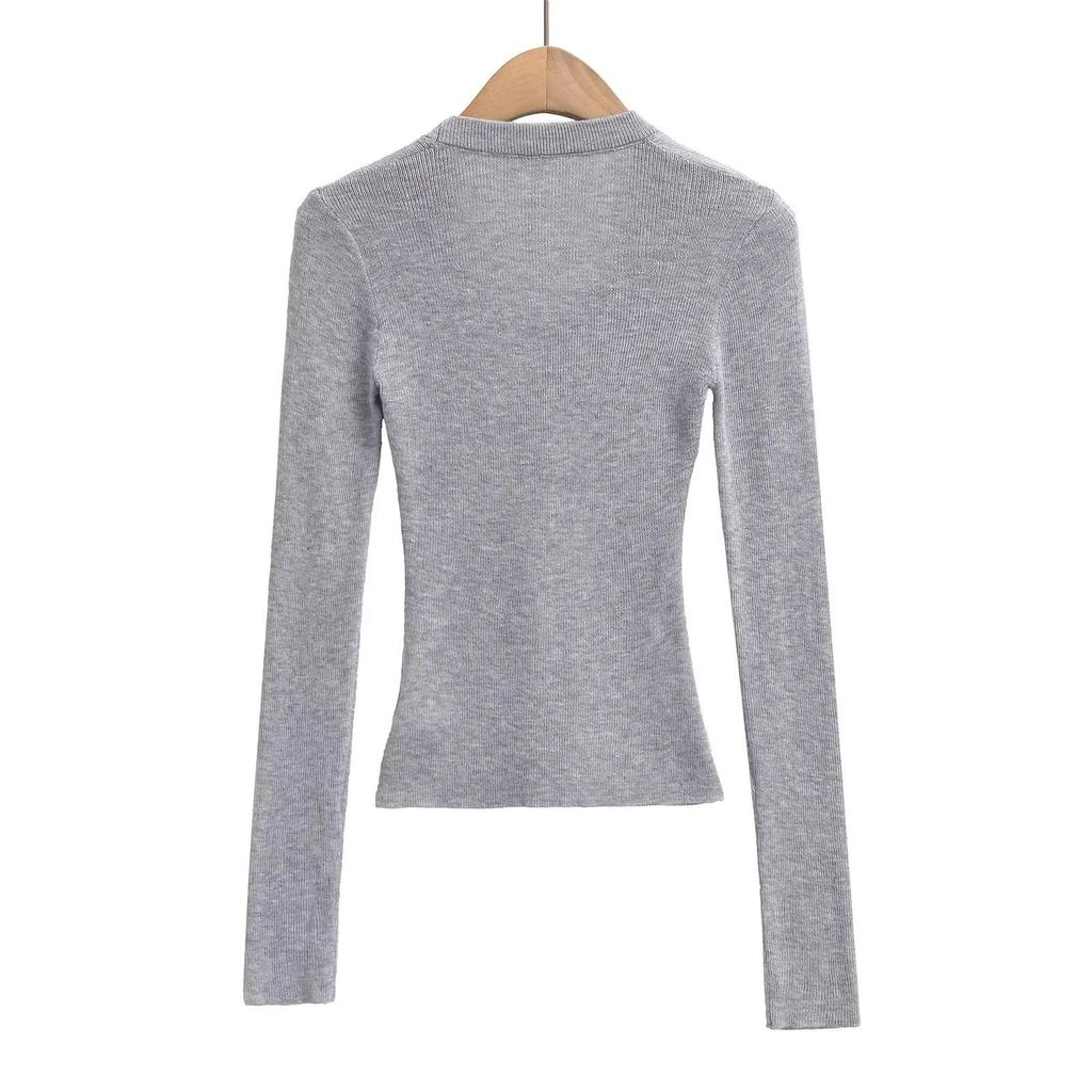 2025 Spring U-Neck Wool Knitwear: Sheer, Slim Fit, Long Sleeve Top