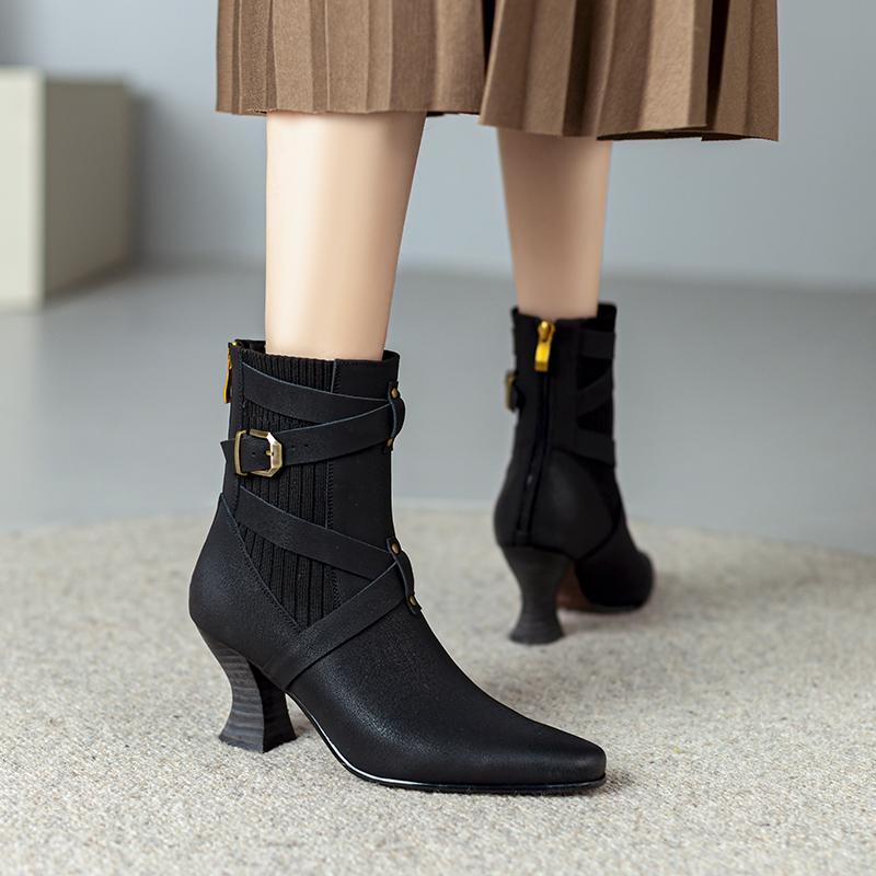 

Fashion 2024 New Autumn Winter Women Boot Genuine Leather Ankle Boots Fashion Women Shoes Pointed Toe High Heels Modern Boots 34 чёрный