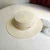 Luxury Elegant Women Summer Straw Hat Flat Top Boater Cap Folds Silk Pearl Decor Hand Weave Wide Brim Sun Hat Panama Fedora