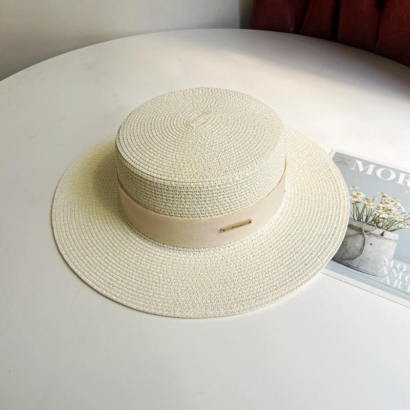 Luxury Elegant Women Summer Straw Hat Flat Top Boater Cap Folds Silk Pearl Decor Hand Weave Wide Brim Sun Hat Panama Fedora