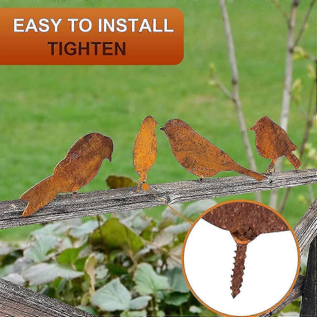 Rostige Metall-Gartenstäbe, 4 Stück Rostige Vögel mit Schrauben, Rostige Metall-Garten-Hofkunst, Metall-Vogel-Dekorationen (4)
