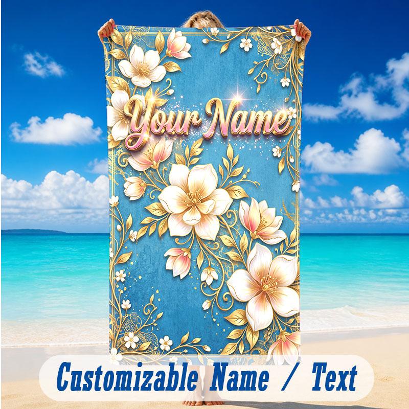 Floral Garden Theme Beach Towel Personalized Custom Name & Text Soft Quick Dry Beach Towel for Swimming Travel
