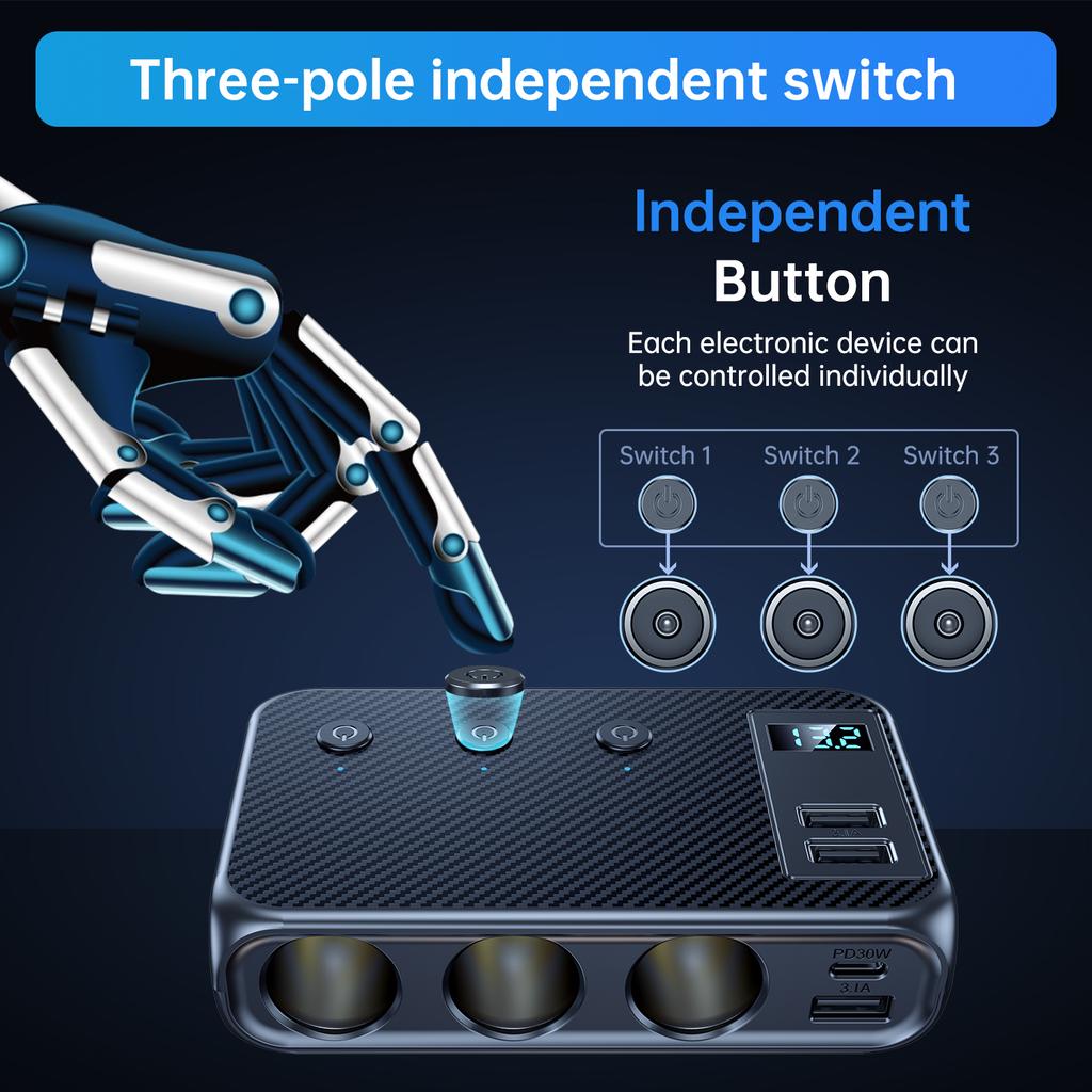 171W Autoladegerät-Adapter 9 in 1 Steckdosenverteiler PD30W/QC 3.0 Unabhängige Schalter 12V/24V DC-Ausgang