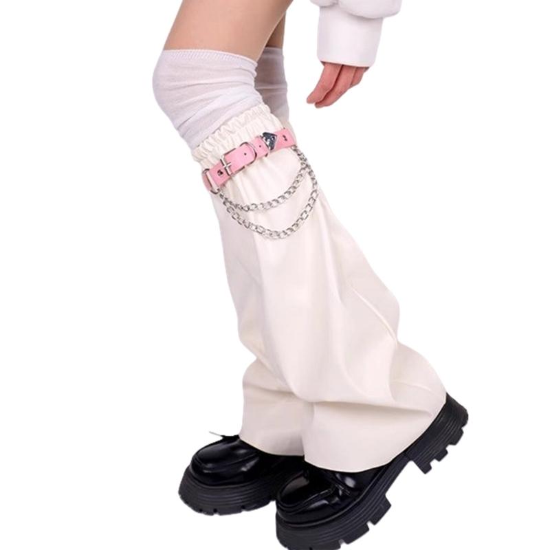 Women's Harajuku Faux Leather Flared Leg Warmers and Over Knee Socks Garter Belt Set for Punk Girls Japanese Streetwear