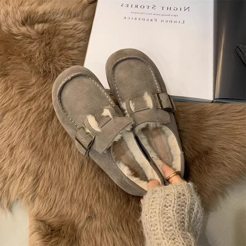 Soft Leather Version~ Birkenstock Shoes Women's Retro 2025 Winter One-pedal Doudou Shoes Women's Flat Bottom Ugly Cute Velvet Warm Cotton Shoes