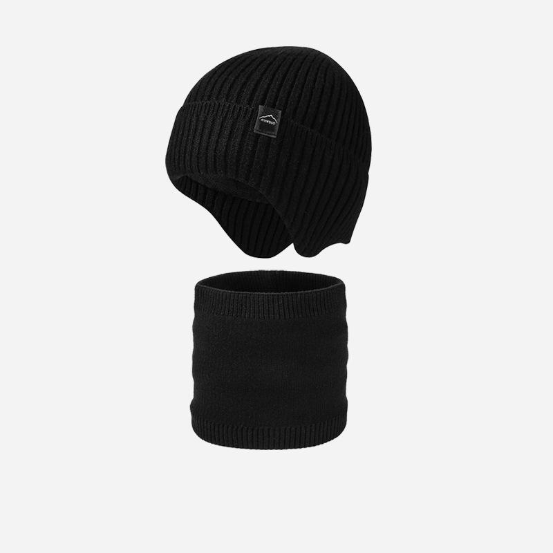 Knitted Hat Men's Fleece Solid Color Cap Scarf Kit Winter Outdoor Warm Wool Hat