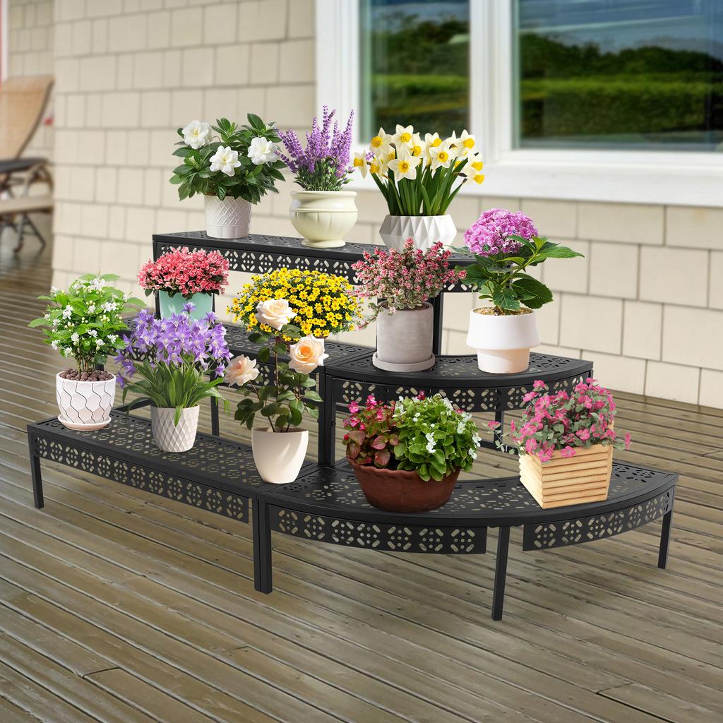 3 Tier Plant Stand for Indoor Outdoor Use, Multi-Level Flower Pot Display Shelf, Sturdy Metal Storage Rack Organizer for Garden