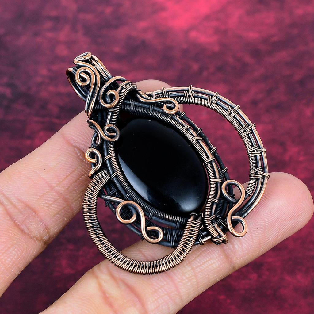 Black Onyx Gemstone Pendant Handmade Unique Jewelry Copper Wire Wrapped Pendant