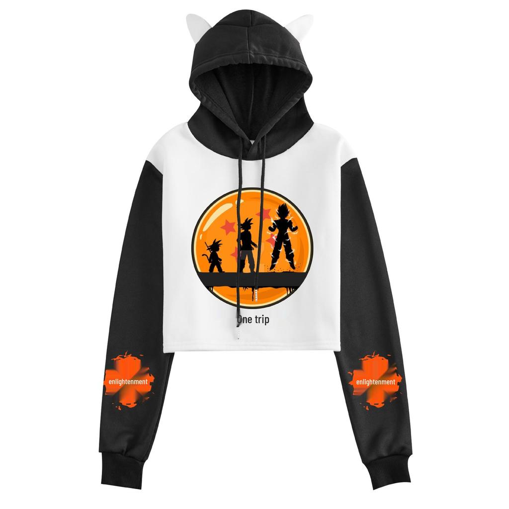Dragon Ball Son Goku Saiyan Print Color Block Cat Ear Student Hoodie
