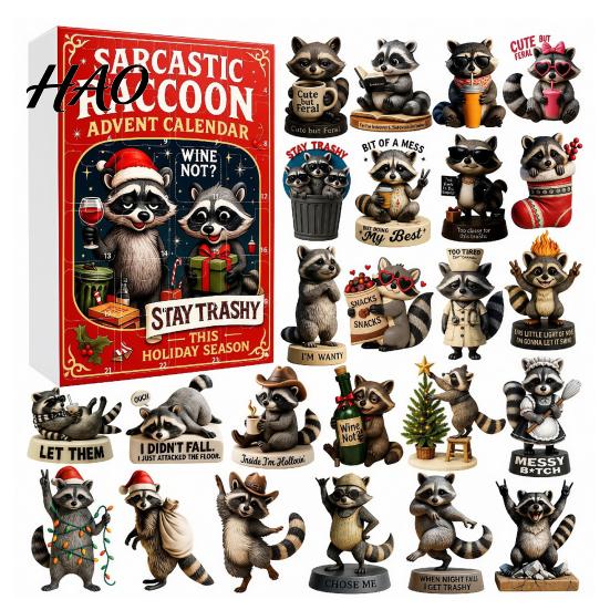 Holiday Countdown Gift Box Raccoon Advent Calendar, 24 Days 2D Acrylic Ornament Decorative Figures Collectible Cute Pendents for Home, Tree,