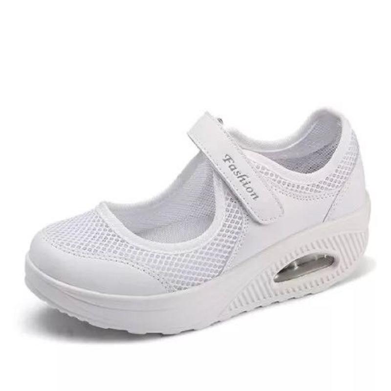 Spring and Autumn Large Size New Mesh Hollow Slope Heel Velcro Casual Rocking Shoes Casual Single Shoes Women