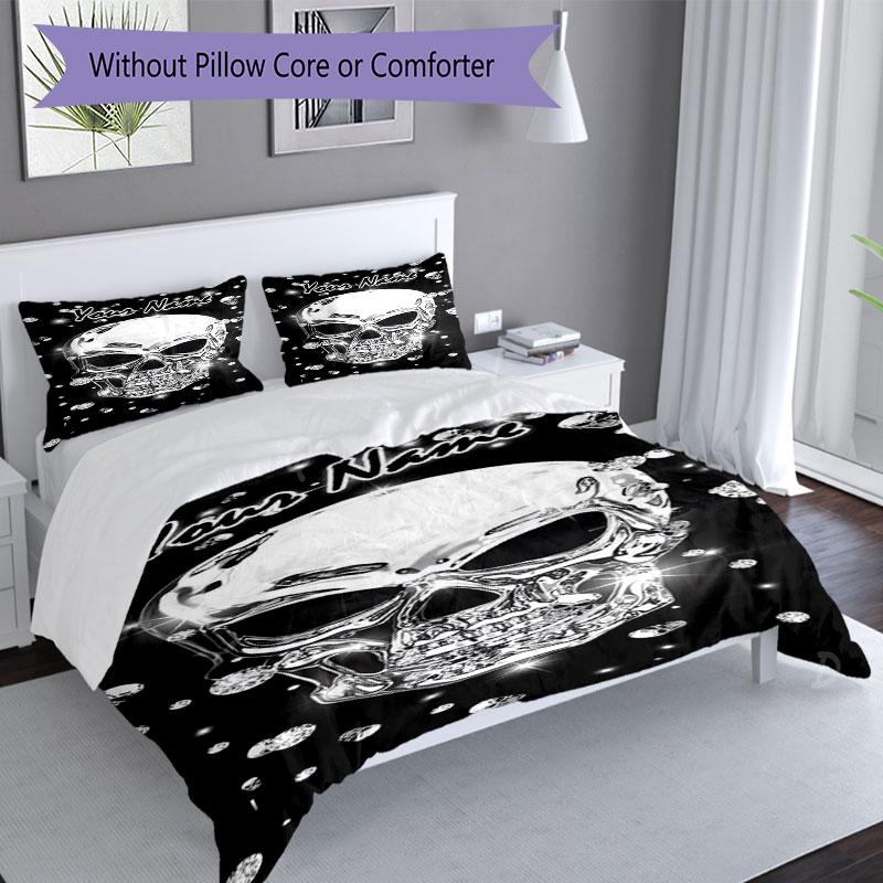 3pcs Custom Name Crystal Skull Sparkle Artwork Bedding Set Printed Bedding Set Duvet Cover Closure Includes 1 Duvet Cover & 2 Pillowcases Bedroom Deco